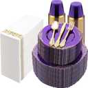 700PCS Clear Purple Plastic Plates for 100 Guests, Disposable Plate with Gold Trim include 100 Dinner plates, 100 Dessert Plates, 100 Gold Silverware, Cups and Napkins for Party, Graduation