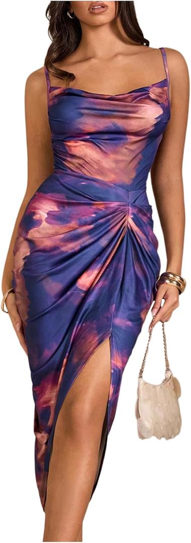 WDIRARA Women's Tie Dye Sleeveless Bodycon Midi Dress Cowl Neck Ruched Split Cami Dresses (Purple) XS