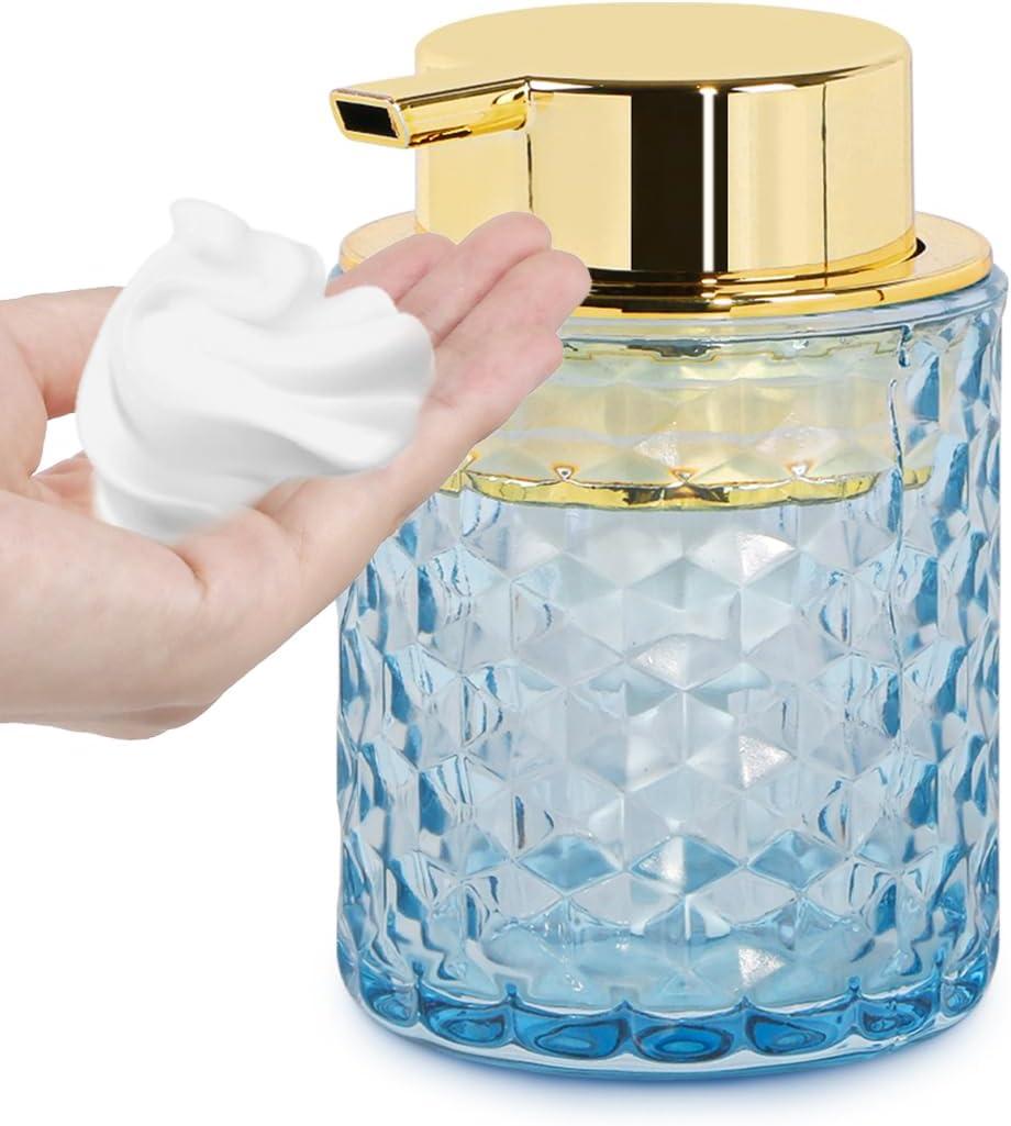 Blue Glass Foaming Soap Dispenser, Bathroom Refillable 10 Oz Foam Hand Soap Dispenser, Vintage Lotion Shampoo Container Gold Large Pump Bottle for Bathroom Countertop and Kitchen Decor