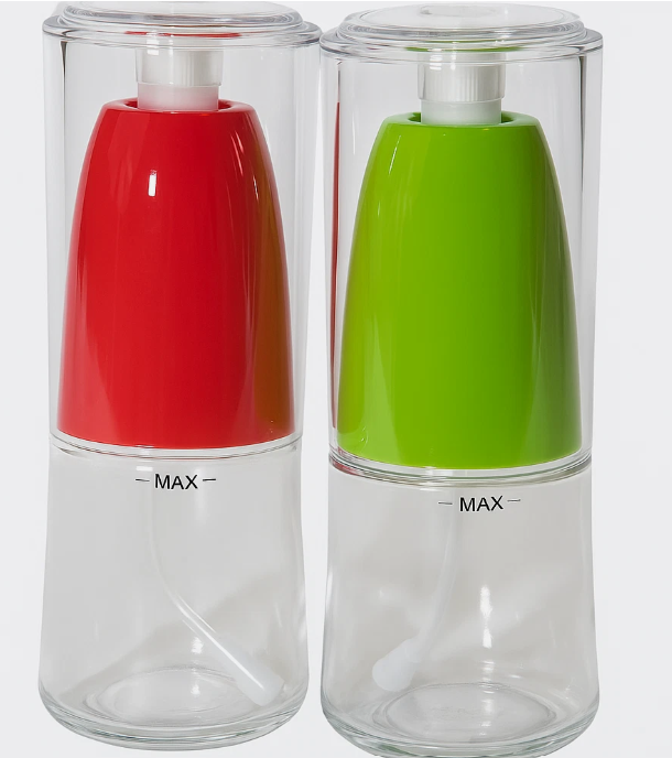 Vinegar and Oil Spray Bottle Mist Sprayer BBQ Cooking Tools Kitchen Tools and Accessories Refillable Oil Sprayer with glass Bottle (Cylinder, Green and Red)