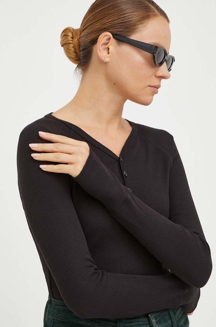 Womens Long Sleeve Henley Shirts for Women Button Ribbed Knit Shirt V Neck Tops Fit Slim Casual Basic Blouses (Black,M)