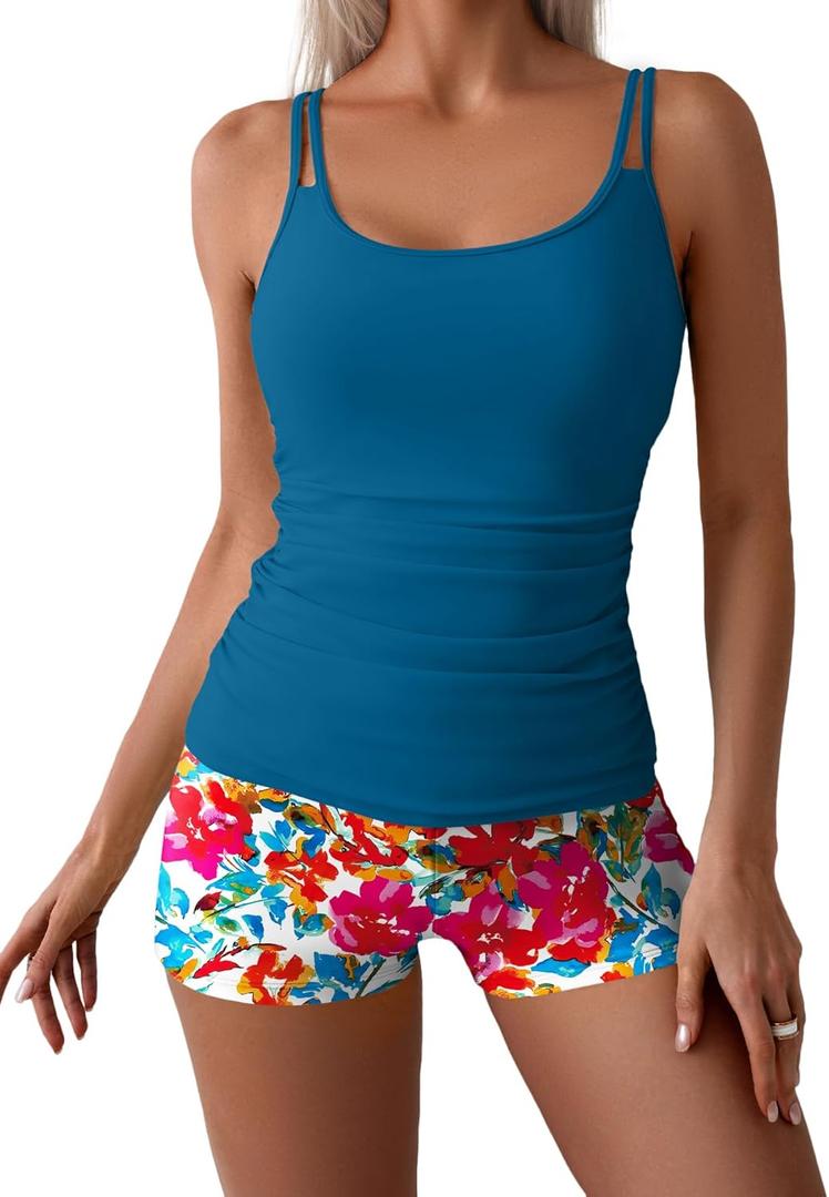 Eomenie Women's Swimsuit Tankini Set Modest Tummy Control Slimming Bathing Suits Two Piece Swim Suit with High Waisted Short (Large, Blue Floral)