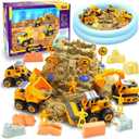 Play Construction Sand Kit,2.2lbs Magic Sand W/4 Large Take Apart Construction Trucks,1 Sandbox,8 Worker Figures and Road Signs,8 Molds, Toys for 2-8 Years Old Boys Girls