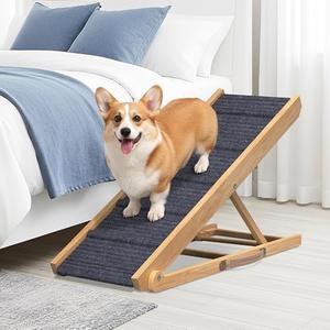 PATHOSIO PETS Adjustable Dog Ramp for Bed - 39" Long Foldable Wooden Ramp for Dogs to Get on Bed, Couch, or Car with 13.4" Wide Walking Space (Natural Wood with Gray Carpet)