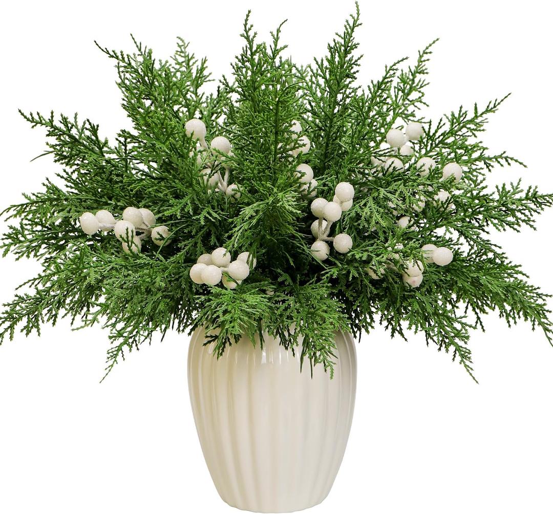 40Pcs Christmas 3D Artificial Pine Branches and Holly Berry Picks, 12.6 Inch Real Touch Faux Cedar Stems Fake Foliage Greenery Sprigs for Vase DIY Crafts Wreath Garland Holiday Decor (40, White Berry)