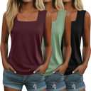 Huukeay Pack of 3 Summer Women's Tank Tops Cotton Sleeveless Shirt Loose Fit Square Neck Tank Top with Side Slits (XX-Large, Black, Wine Red, Green)