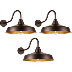 Gooseneck Barn Light Outdoor, 16 Inch Dome Large Farmhouse Exterior Light Fixture Wall Mount, Industrial Outdoor Wall Sconce Outside for House, Shop, Front Porch, Garage, Entryway, Orb, 3 Pack (Not Dusk to Dawn)