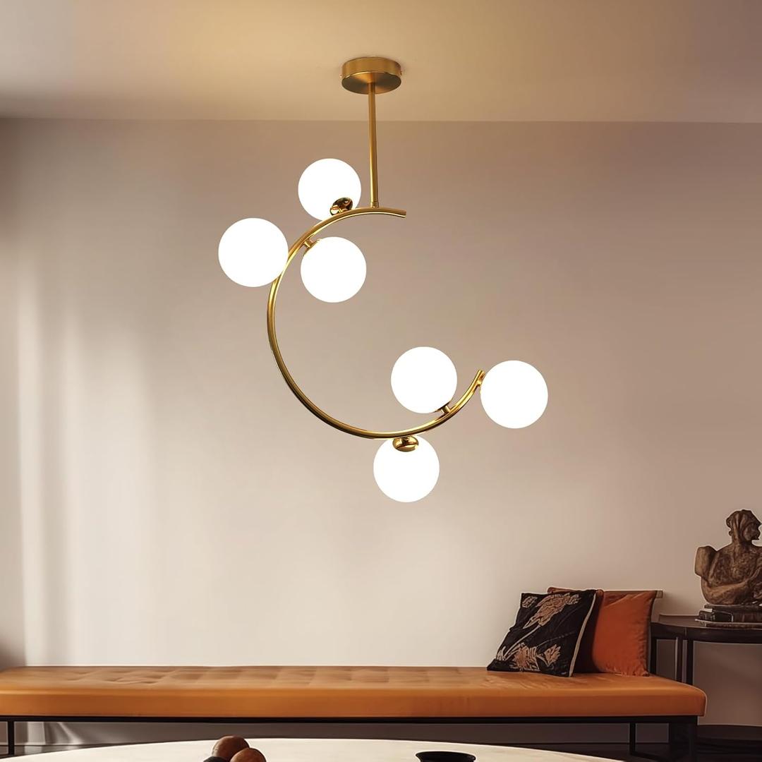 Semi Flush Mount Ceiling Light - Gold Ceiling Light Fixture Mid Century Chandelier with 6 Frosted Glass Lampshade Modern Globe Ceiling Lamp for Hallway Kitchen Bedroom