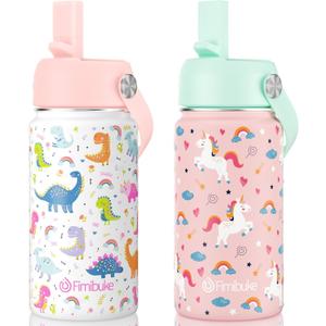 Fimibuke Kids Insulated Water Bottle, 14oz BPA FREE Double Wall Vacuum Tumbler 18/8 Stainless Steel Leak Proof Kids Cups with Straw Metal Bottle for School Boy Girl (2 Pack, UNICORN/WHITE DINOSAUR)