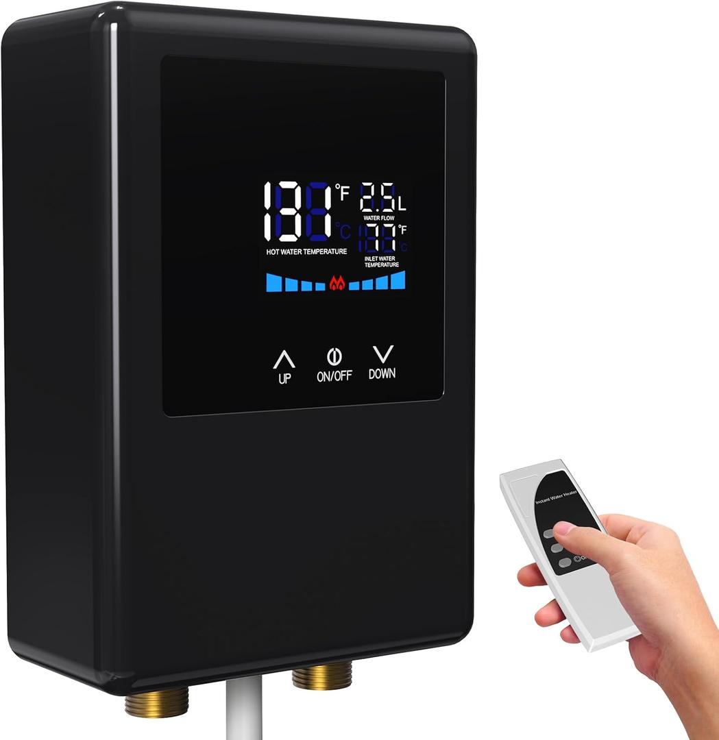 Tankless Water Heater Electric, 5500W 110V Instant Hot Water Heater with Remote Control and LCD Touch Screen on Demand, Bathroom Sink and Faucet, Save Space (Black)