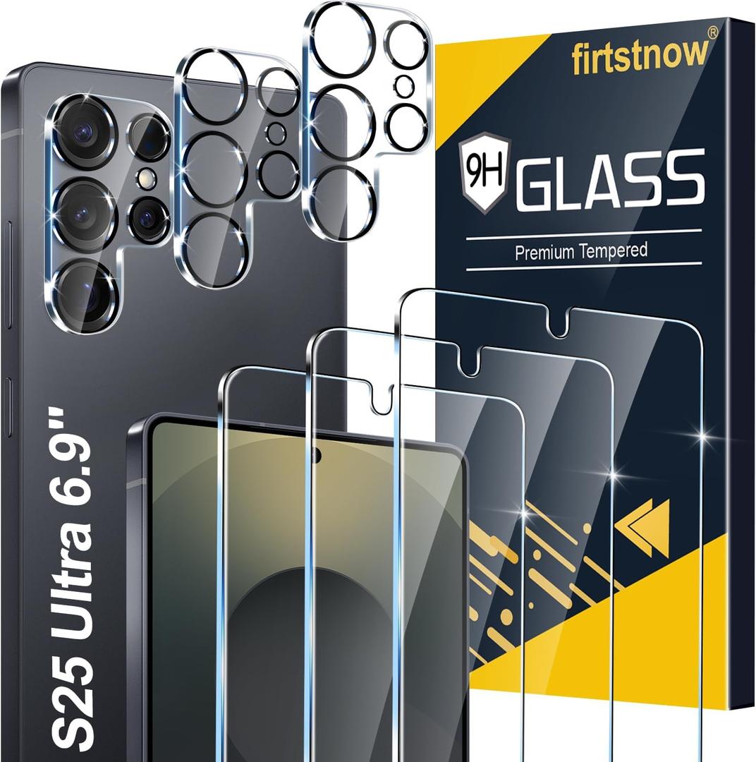 firtstnow 3 Pack Glass Screen Protector for Samsung Galaxy S25 Ultra [6.9 inch] + 3 Pack Camera Lens Protector, 9H Tempered Glass, Fingerprint Unlock, HD Clear Case Friendly Anti-Scratch