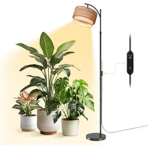 Bstrip 65-72.8 Inches Adjustable Grow Light for Indoor Plants, Boho Rattan & Fabric Shade Standing Grow Lamp, 25W 3000K Full Spectrum LED Plant Light with Auto On/Off Timer