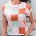 Womens Cap Sleeve Summer Tops Crop Checkered Y2K Outfits Cute Preppy Clothes Loose Fit Lightweight Short Sleeve Sweater (XL)