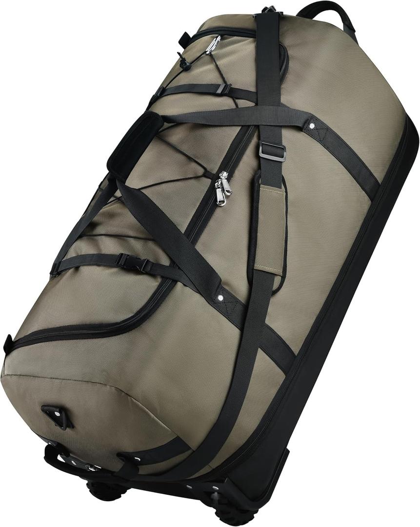 Rolling Duffle Bag with Wheels,110L/140L Expandable Soft-Sided Foldable Duffle Bag with 2 Rubber Wheels,Packable 32 Rolling Carry-On with Multi-Pockets & Compartments (Green)