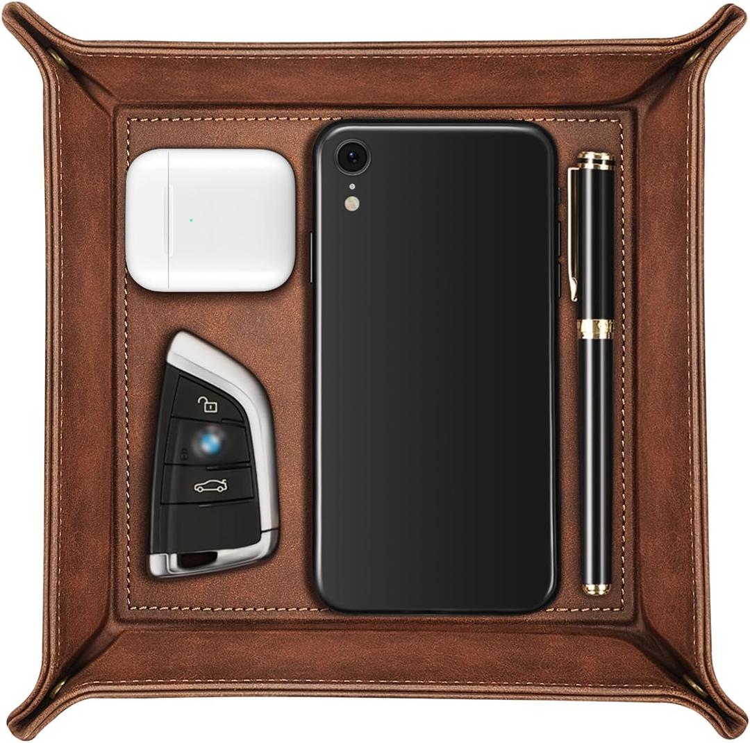 SITHON Valet Tray Desktop Storage Organizer Premium PU Leather Catchall Bedside Vanity Tray Nightstand Caddy Holder for Keys, Phone, Wallet, Coin, Valentine's Day Gift, Brown