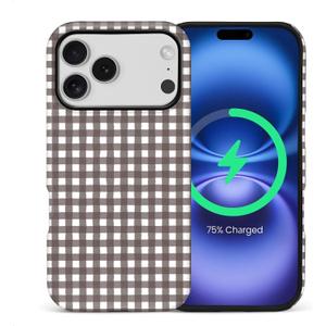for iPhone 17 Pro Case for Women Girl Men Boy, Compatible with MagSafe, Shockproof Soft Silicone & Hard PC Shell Protective Case for iPhone 17 Pro - Brown Gingham Retro Checkerboard