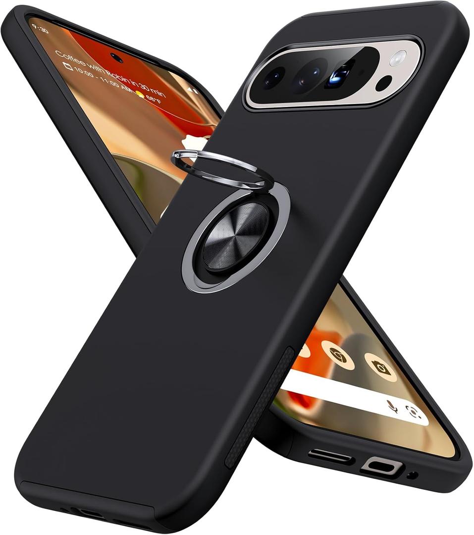 JAME for Google Pixel 9 Pro XL Case, Slim Fit Phone Cover with Metal Ring Holder Kickstand Stand, Dual Layer Military Grade Shockproof Protective Phone Case for Google 9 Pro XL 6.8", Black