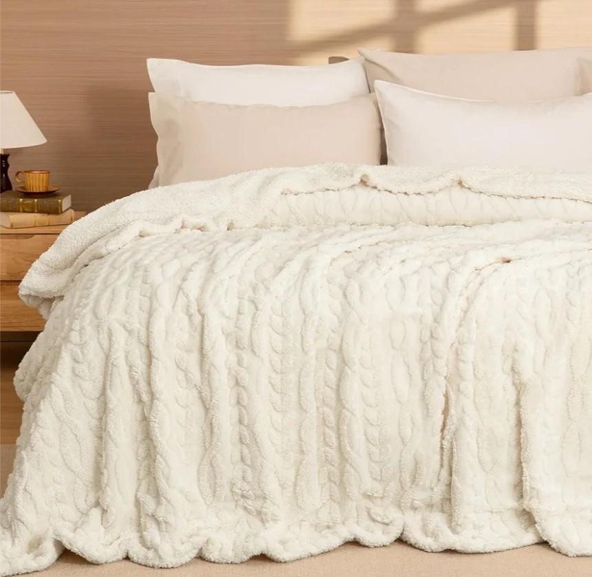 PHF Fluffy Sherpa Blanket Twin Size for Winter, Warm and Soft, 510GSM 3D Jacquard Thick Shaggy Fleece Plush Blanket for Sofa Bed, Cream, 60"x80"