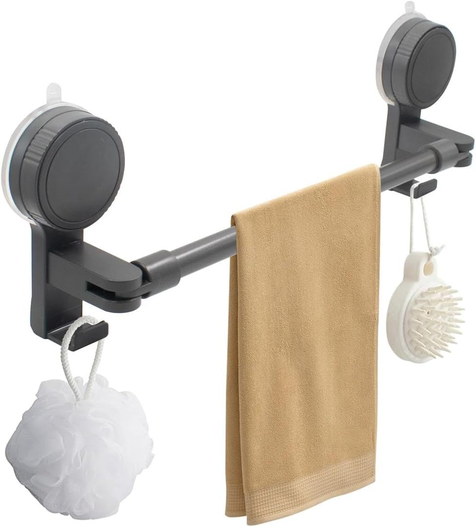 Extendable Suction Cup Towel Bar, 13.422 Inch Adjustable Aluminum Alloy Bathroom Towel Rack, No Drill Wall Mounted Removable Rotatable Retractable Rod for Bathroom & Kitchen (Gray)