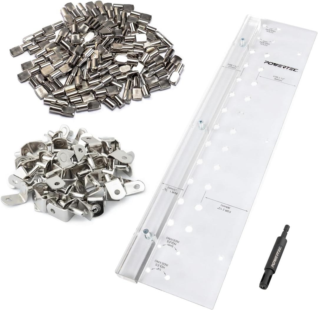 POWERTEC Shelf Pin Jig with 1/4" Self Pin Bit, 1/4" 100PCs L-Shaped Shelf Pegs, Woodworking Tools for Installing Shelf Pegs and Pins, Shelf Pin Drilling Jig for Making Shelves and Cabinet (71909)