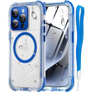 for iPhone 15 Pro Waterproof Case with Magsafe, Screen Protector, Lanyard, IP68 Military Full Body Shockproof, for Water Sports Outdoor Work, Funda para 15 Pro Impermeable, 6.1" Blue
