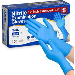 Schneider Nitrile Exam Gloves, Extended 12 Inches Cuff, Large, 4 mil, 100-ct Box, Gloves Disposable Latex Free, Powder Free for Medical, Food Prep, Cleaning, Cooking, Blue