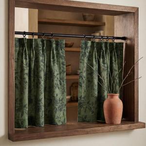 RYB HOME Pinch Pleated Olive Green Curtains for Kitchen Cafe, Light Filtering Semi Sheer Privacy Linen Textured Botanical Curtain Tier for Cottage Vintage Farmhouse Decor, 26" W x 24" L, 2 Panels