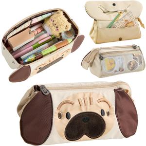 2 x Cute Pencil Case, Kawaii Special Puppy Design Bag & Pouch, Big Large Capacity 5-Compartment Case for School Supplies, Ideal for Boys & Girls (Beige)