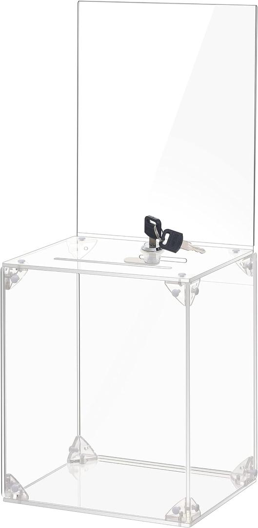 KYODOLED Large Tall Acrylic Donation Box with Slot and Lock, Clear Ballot Box with 6"x8" Sign Holder Storage Container for Voting, Raffle,Tip Jar, 6.7"x5.23"x8"