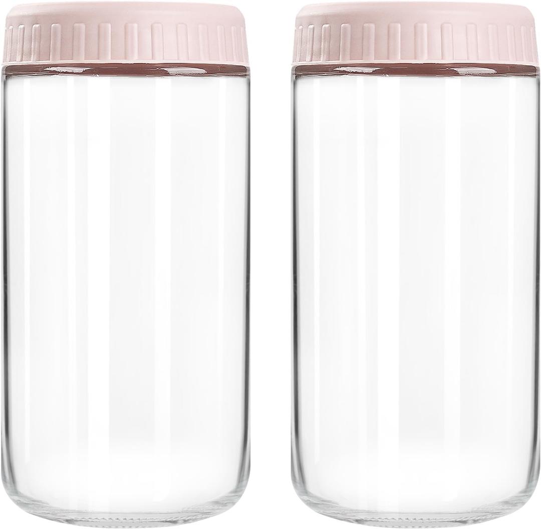 SHOWIN Overnight Oats Containers with Lids, 24oz Glass Jars with Lids 2 pcs, Pink, Wide Mouth Mason jars for Salad, Yogurt, Snacks, Meal Prep