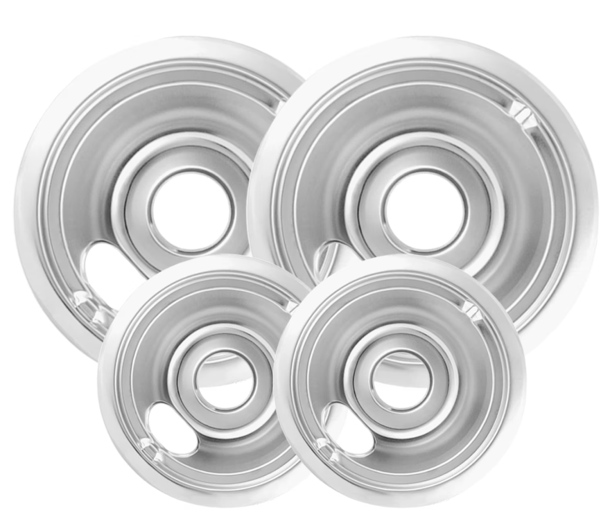4-Piece Drip Pans Set - Compatible with GE Stoves - Chrome Finish Electric Stove Burner Drip Pans - 2 x 6inch, 2 x 8inch Stove Drip Pans - GE Stove Drip