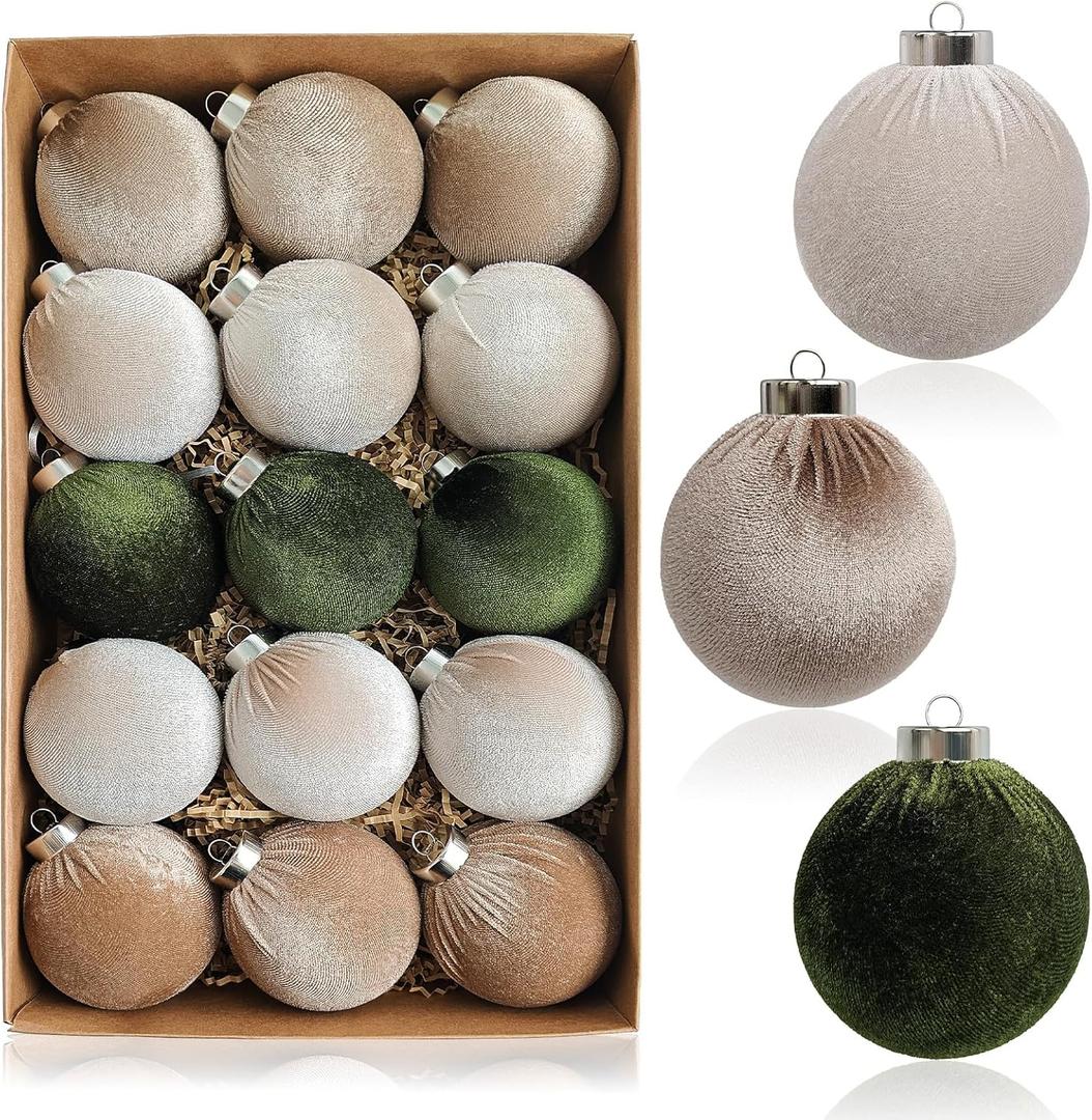 EMORBALS Green Velvet Christmas Ornaments, 15 Pcs Non Breakable Balls Ornaments for Christmas Tree, Neutral Xmas Decorations, 3.15inch 80mm