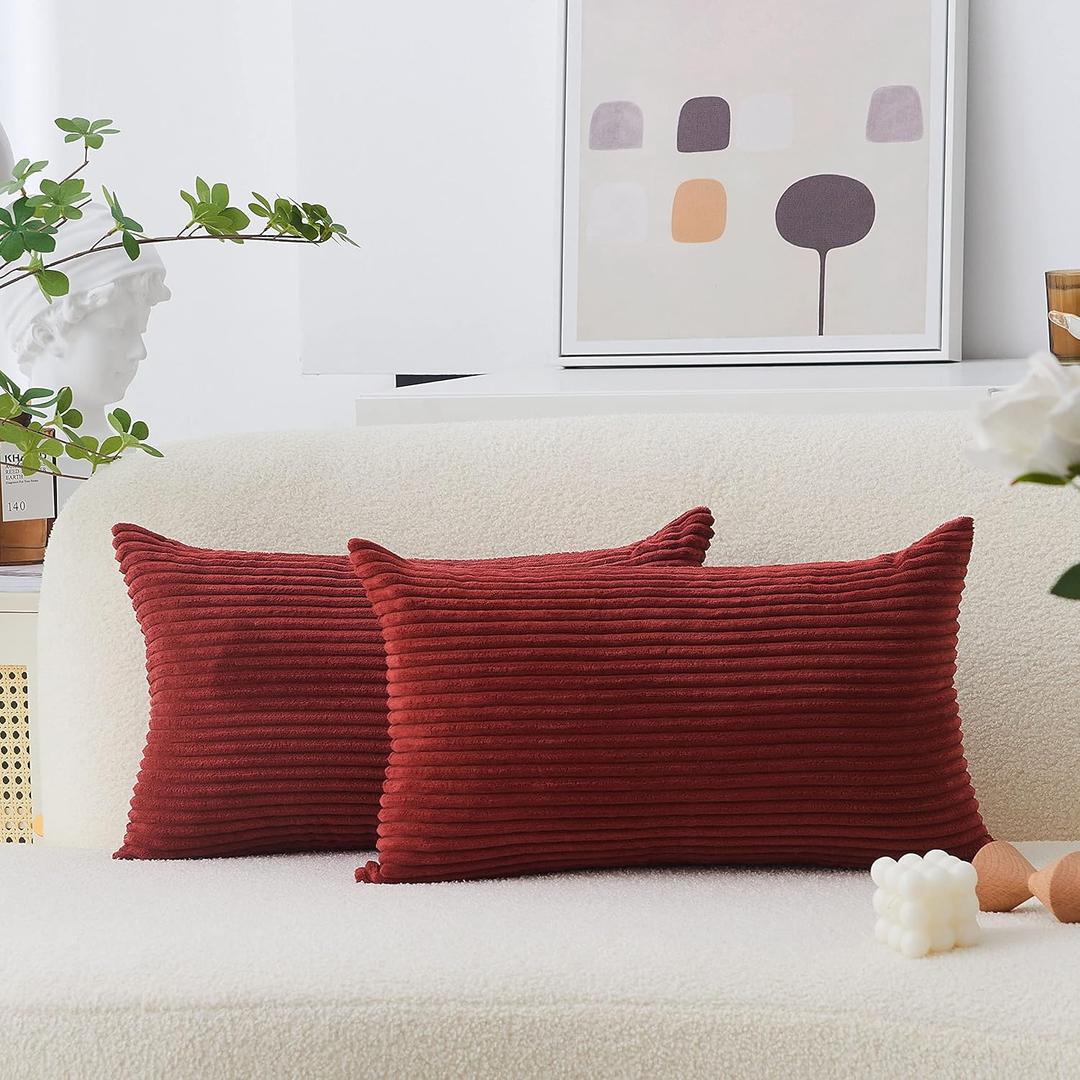 Home Brilliant Lumbar Throw Pillow Covers 12x20 inch 2 Pack Solid Striped Corduroy Dark Red Rectangle Pillow Cover for Sofa Couch Wedding Decorations, 12 x 20 inch, Burgundy