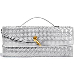 Woven Clutch Purses for Women, Formal Satchel Leather Evening Bag Shoulder Handbag (Silver)