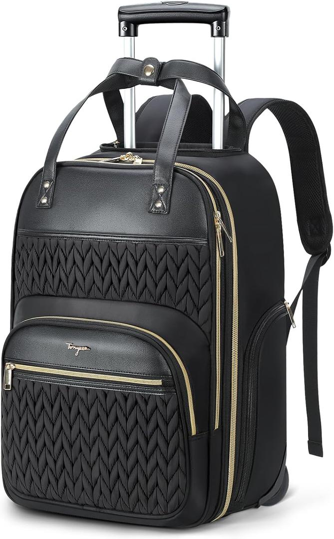 Rolling Backpack for Women with Wheels, Rolling Laptop Backpack, Carry On Travel Backpack with Wheels, Underseat Personal Item, 15.6 Inch Work Business Backpack on Wheels, Black