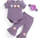 Vibebox Baby Girl Clothes Newborn Preemie Summer Outfits Short Sleeve Ruffle Romper Tops Bell Bottoms Pant Sets with Headband, 3-6 Months