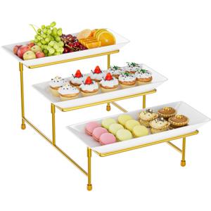 3 Tier Serving Tray for Party, 12"x6" Tiered Serving Platters with Steel Display Stand for Sevring Food,Cookies,Veggie, Dessert,Fruit, Gold