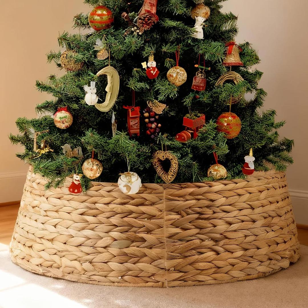 27" Christmas Tree Collar, Hand Woven Hyacinth Christmas Tree Base - 4 Piece Rustic Farmhouse Style Tree Skirt Replacements for Artificial Trees, Fits Below 26" Tree Stand, Natural Hyacinth