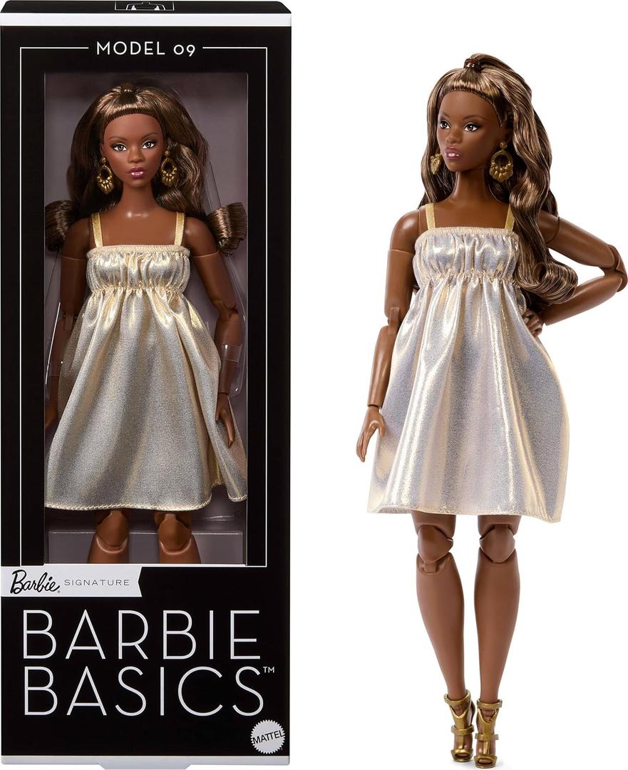 Barbie Basics Model Collector Fashion Doll 09 with Brunette Hair in Golden Dress & Strappy Heels, Universal-fit Fashions & Posable Body