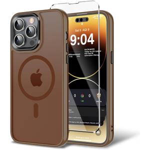Magnetic Case for iPhone 14 Pro Max with Screen Protector, Compatible With Magsafe Ultra Slim Translucent Matte Shockproof Protection Phone Cover-Brown