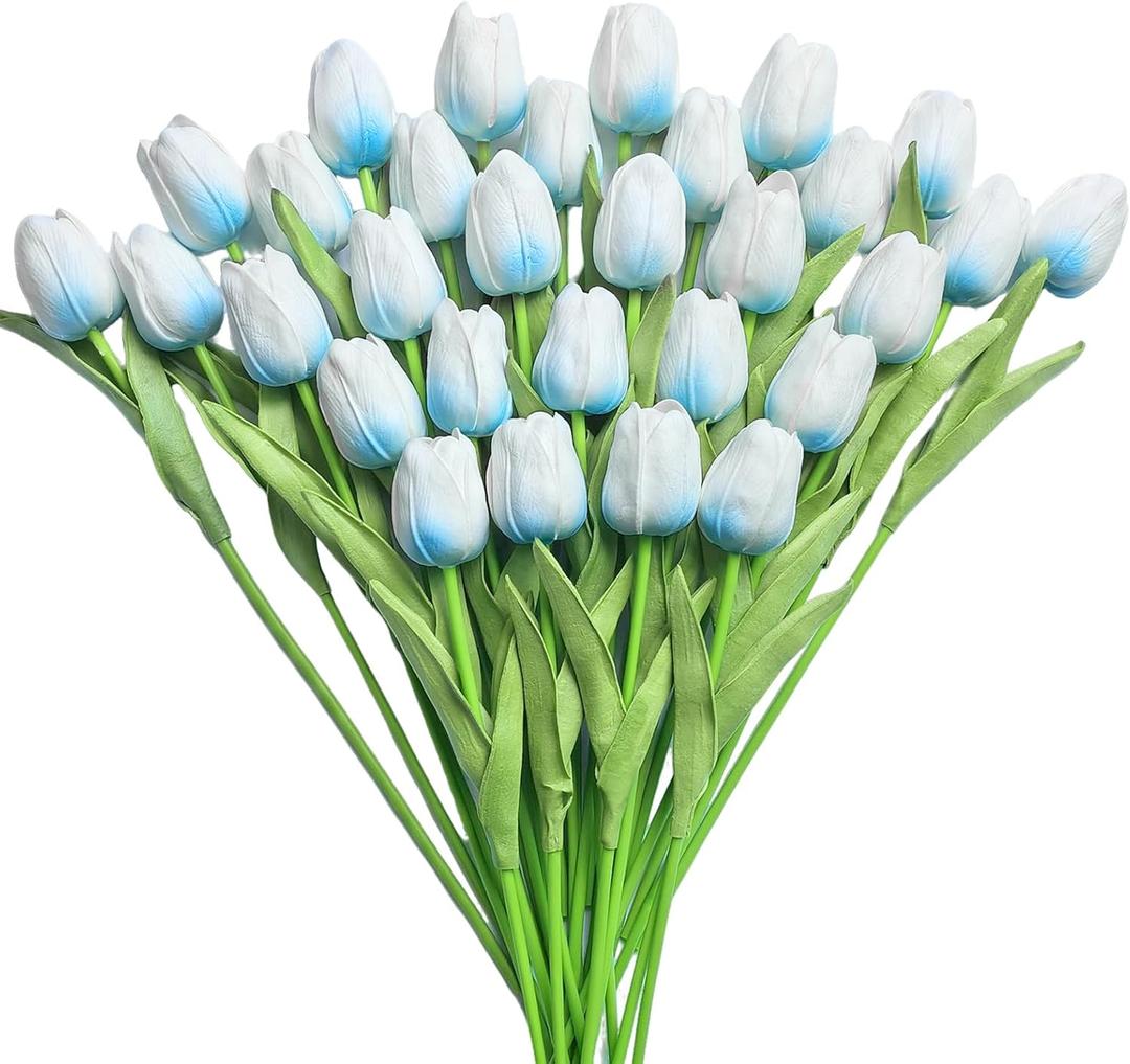 30 PCS Artificial Tulips Real Touch Tulips 13.5inch Long Stem Fake Flowers Silk Flowers for Spring Easter Mother's Day DecorationsWhite+Light Blue