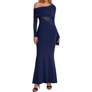 Women One Shoulder Long Sleeve Maxi Dress Bodycon Cut Out Long Formal Wedding Guest Dresses (S)