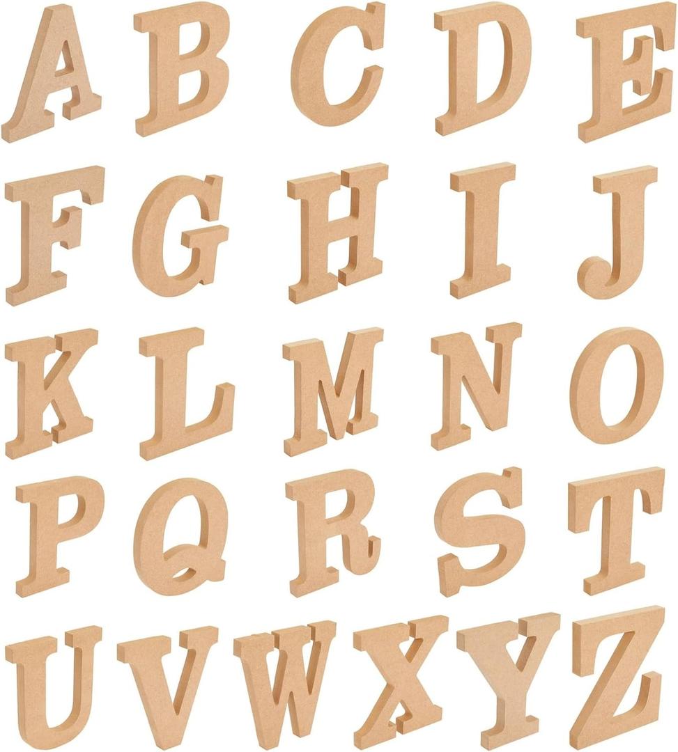 Juvale 3D Wood Letters for Canvas & Crafts - 4 in Brown Engineered Wood, 52 Pieces - Paintable Thick Wooden Block Letters for 3D Alphabet Wall Decor