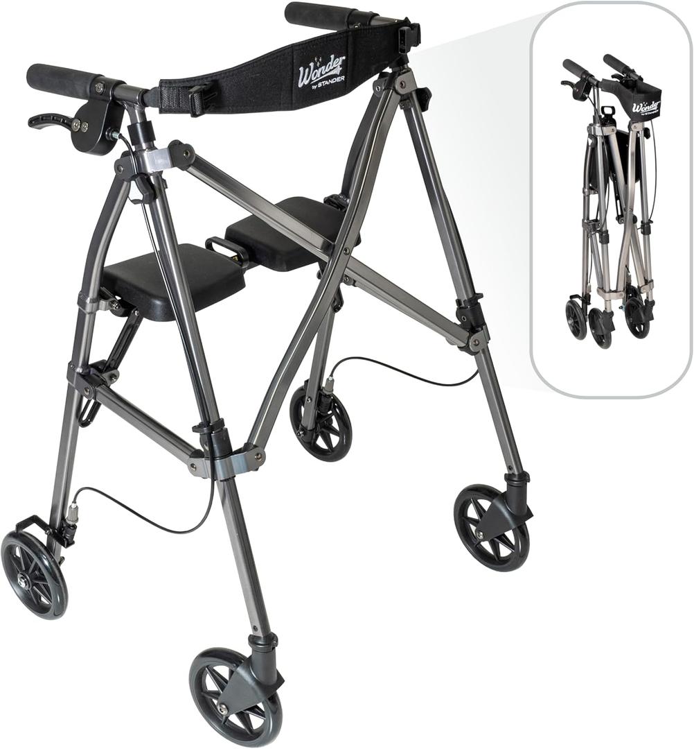 Stander Space Saver Rollator, Lightweight Folding Rolling Walker with Seat for Seniors & Adults, 4-Wheel Mobility Aid with 6-inch Wheels, Locking Brakes & Padded Seat with Backrest, Black Walnut (Standard)