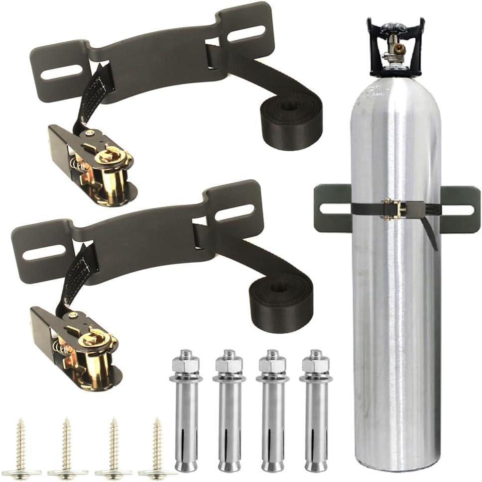 2PCS Propane Tank HolderOxygen Tank HolderNitrogen Gas Cylinder Holder, with 6.6ft Ratchet Strap and Screws Suitable for rv Propane Tank HolderCylinder Wall Mounted Bracket (Black)