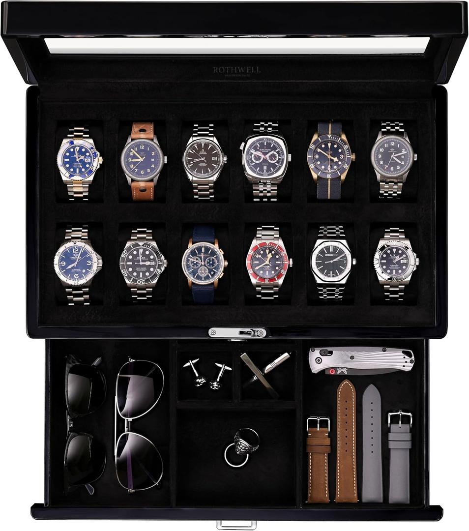 ROTHWELL 12Slot Piano Black Watch Box with Valet Drawer  Premium Jewelry Display Case Organizer with Locking Glass Top and Microsuede Liner for Men & Women (Black Interior)