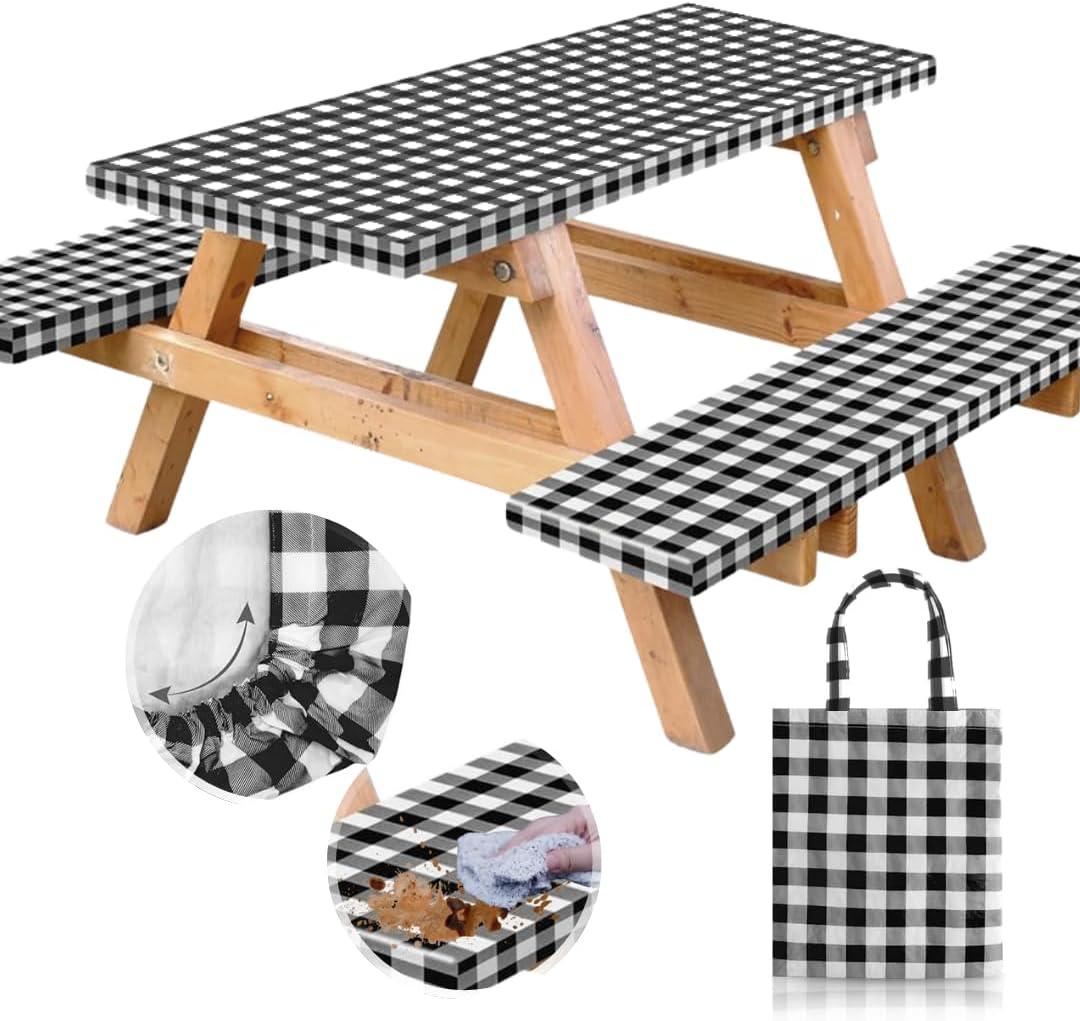 RNOONY Vinyl Fitted Picnic Table Cover with Bench Covers and Bag, 6ft Outdoor Waterproof Windproof Tablecloth with Elastic Edges. Camping RV Gear Campers Must Have 72x30 Inches, Set of 4 (Black)