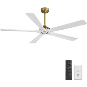 WINGBO 60 Inch Ceiling Fan without Light - 5 Carved Solid Wood Blades, 6-Speed Reversible DC Motor, Noiseless Remote Control Ceiling Fan No Light for Bedroom Living Room Kitchen, Gold and White