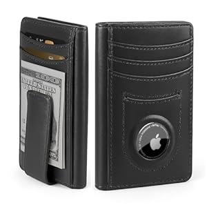 ALLIVE Airtag wallet for men- Genuine Leather Mens Wallet with Money Clip RFID Blocking Slim Billfold with Built-in AirTag Holder,9 Card Slots, Minimalist men wallet with Gift Box Carbon Fiber Black