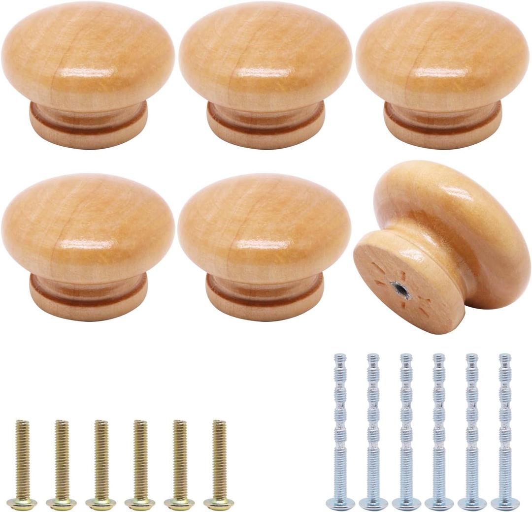 6pcs Wooden Cabinet Knobs, Wood Dresser Knobs Kitchen Cabinet Knob Modern Round Knob for Furniture Cupboard Dresser Drawer Closet Door (Natural Wood Finished, 45mm) (Round 1.77"-Large)